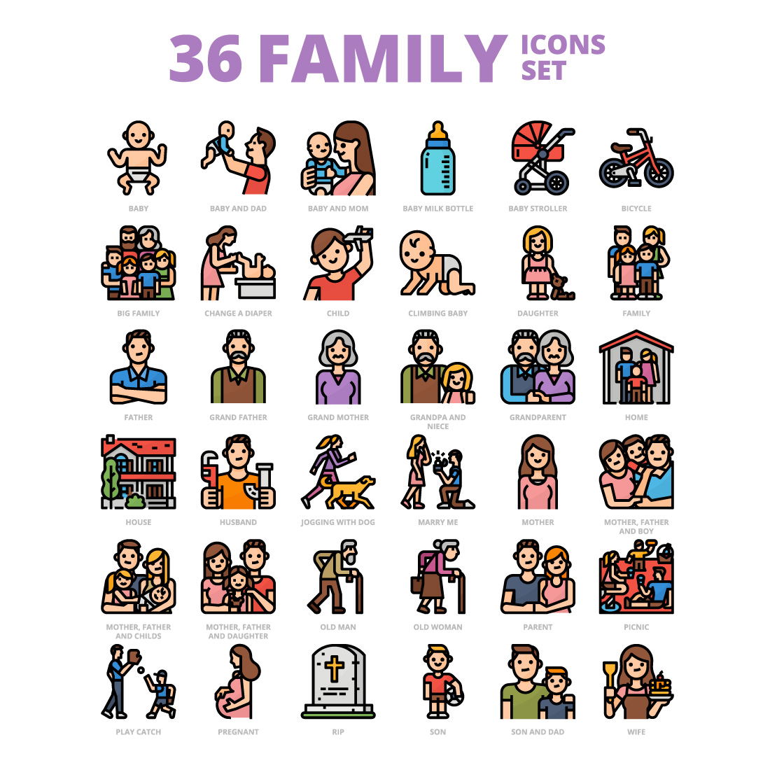 36 Family Icons Set x 4 Styles cover image.