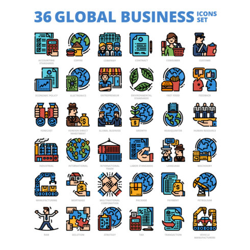 36 Global Business Icons Set x 4 Styles cover image.