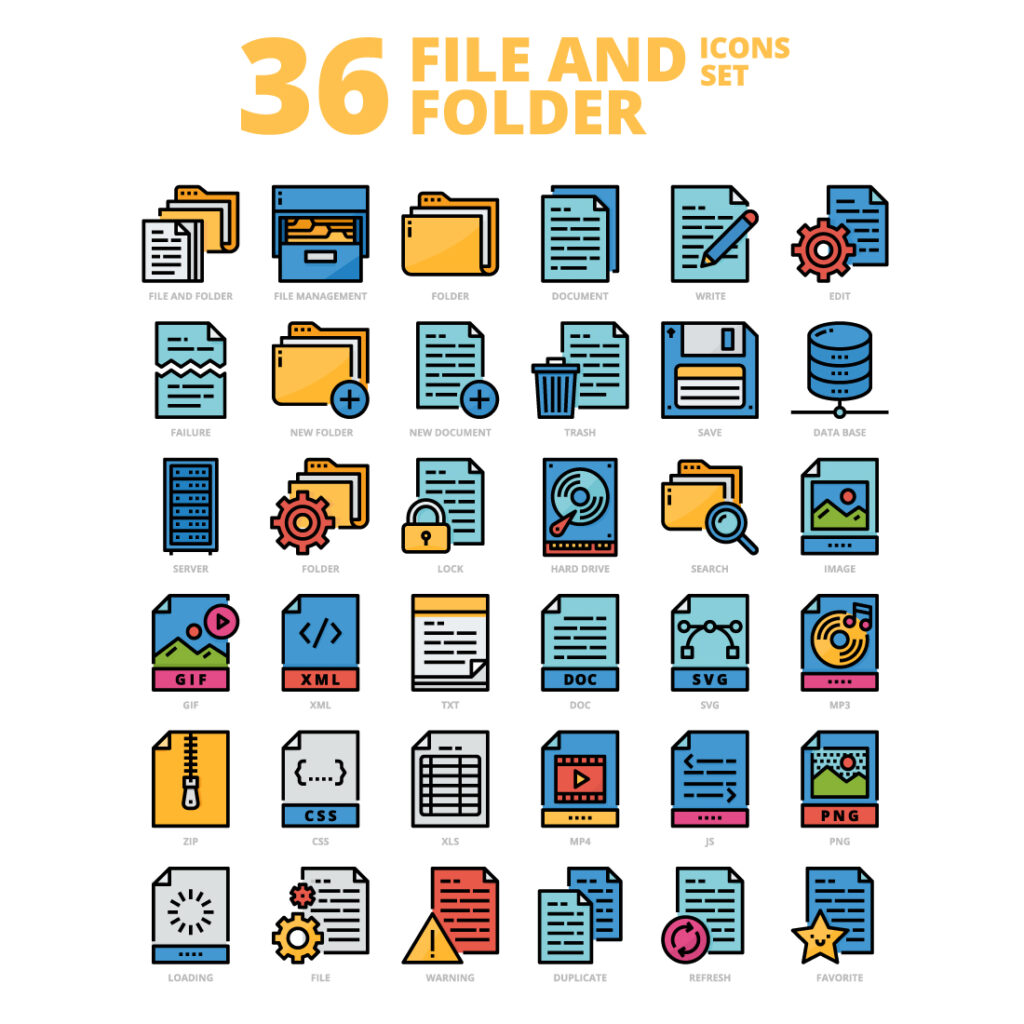 36 File and Folder Icons Set x 4 Styles - MasterBundles