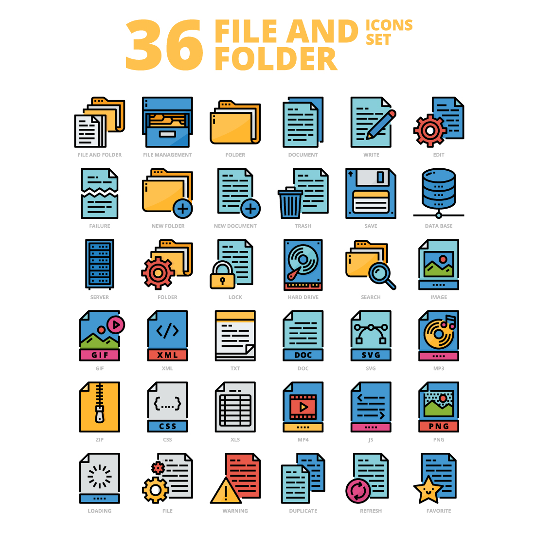 36 File and Folder Icons Set x 4 Styles cover image.