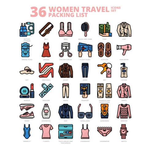 36 Women Travel Packing List Icons Set x 4 Styles cover image.
