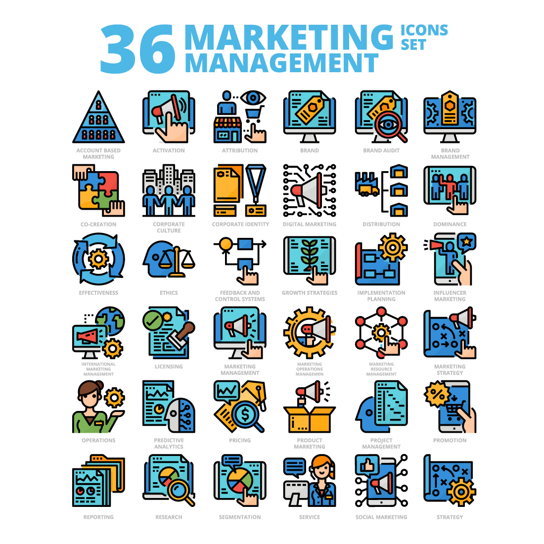 36 Marketing Management Icons Set x 4 Styles cover image.