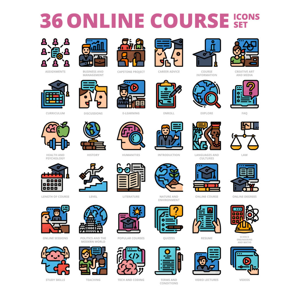 36 Online Course Icons Set x 4 Styles - MasterBundles