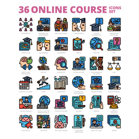 36 Online Course Icons Set x 4 Styles cover image.
