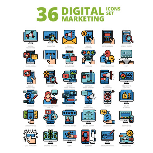 36 Digital Marketing Icons Set x 4 Styles cover image.