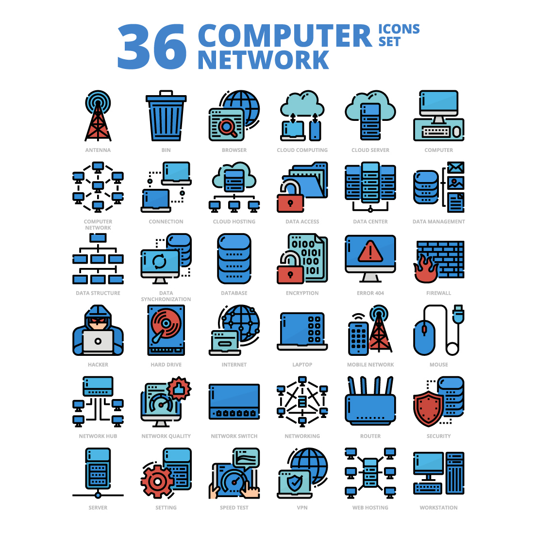 36 Computer Network Icons Set x 4 Styles cover image.