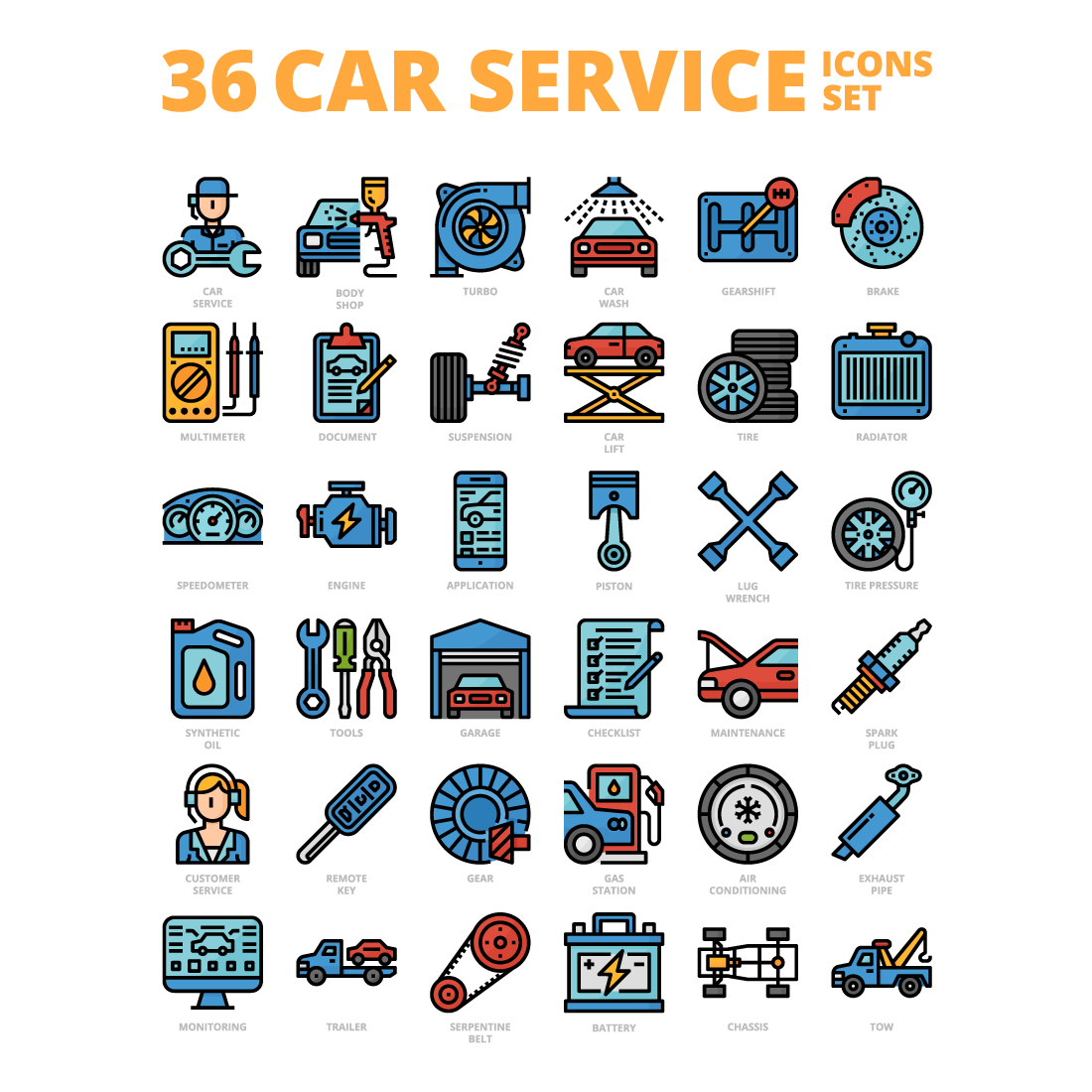 36 Car Service Icons Set x 4 Styles cover image.