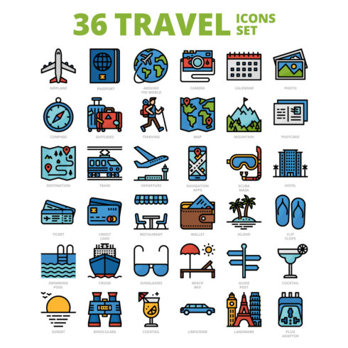36 Travel Icons Set x 4 Styles cover image.