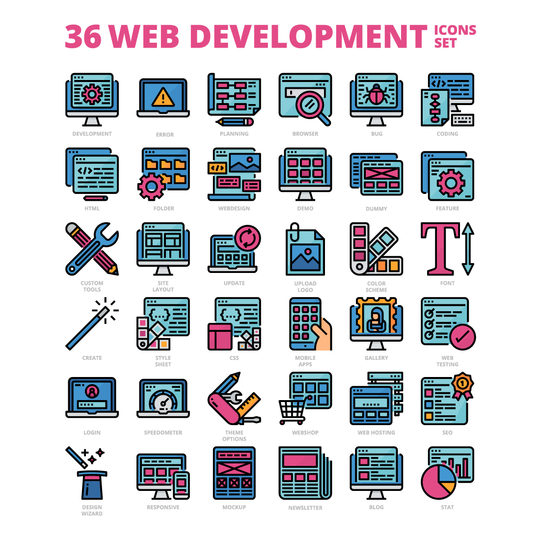 36 Web Development Icons Set x 4 Styles cover image.