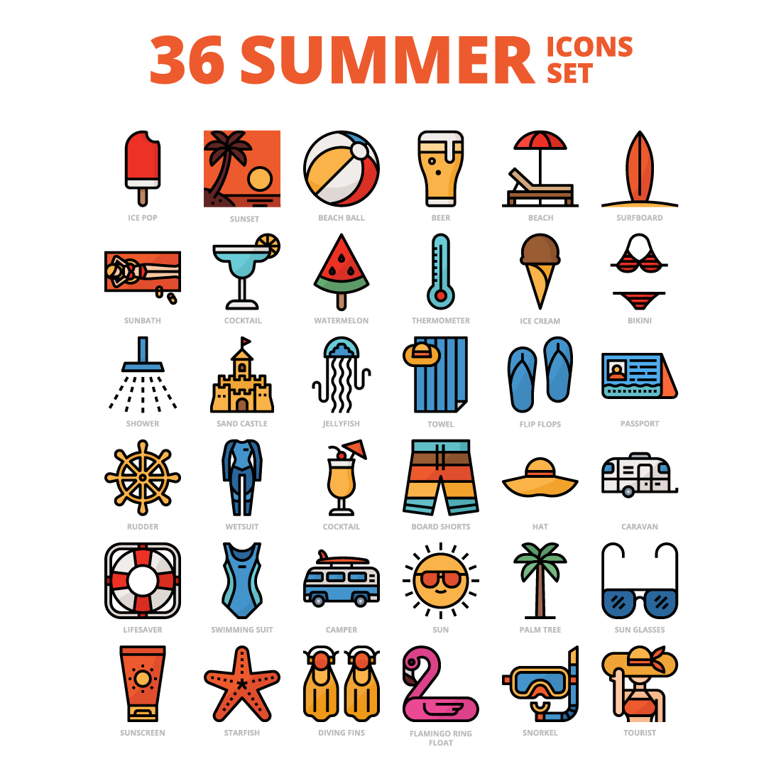 36 Summer Icons Set x 4 Styles cover image.