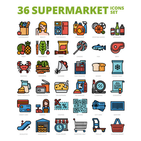 36 Supermarket Icons Set x 4 Styles cover image.