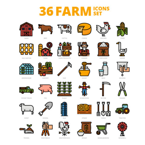 36 Farm Icons Set x 4 Styles cover image.