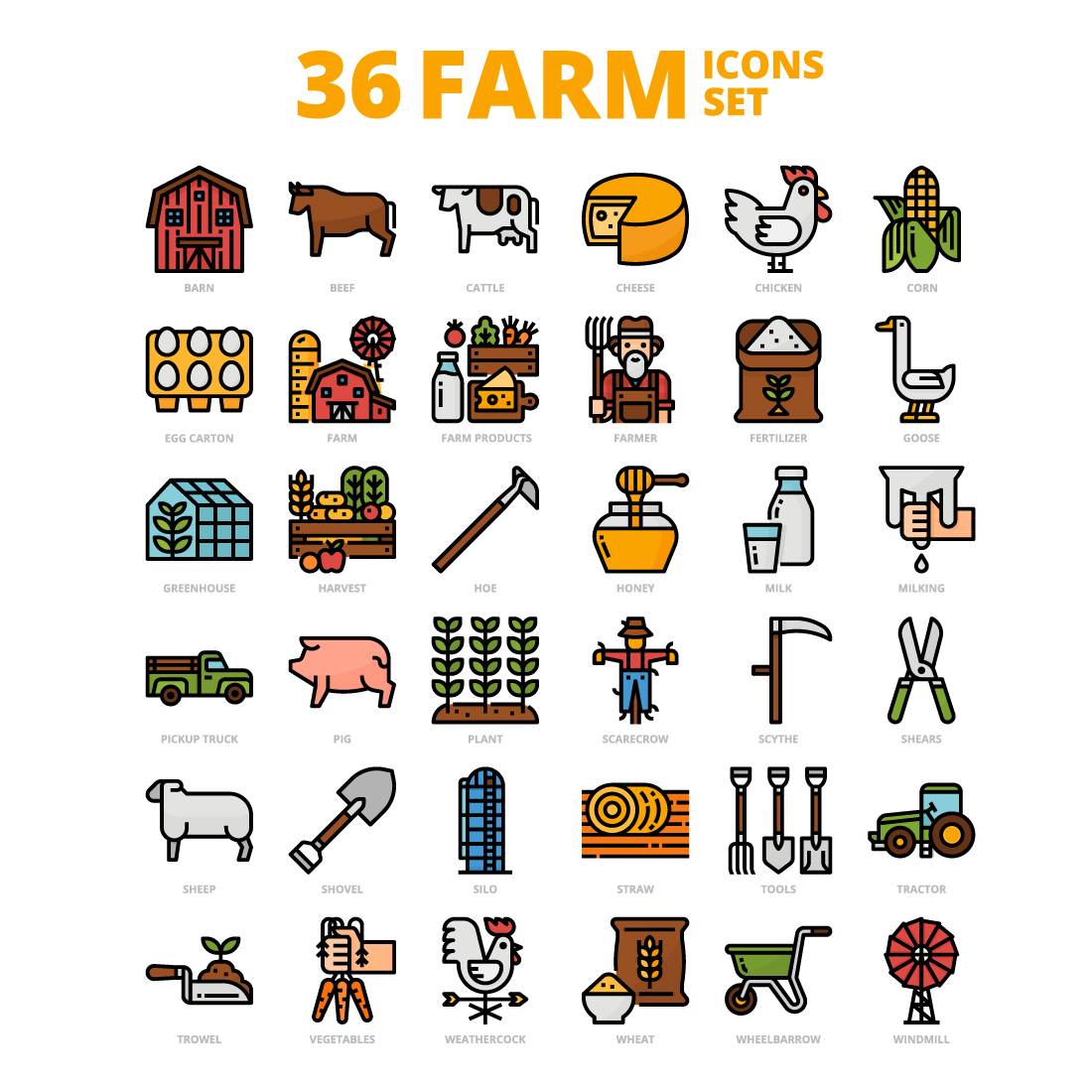36 Farm Icons Set x 4 Styles cover image.