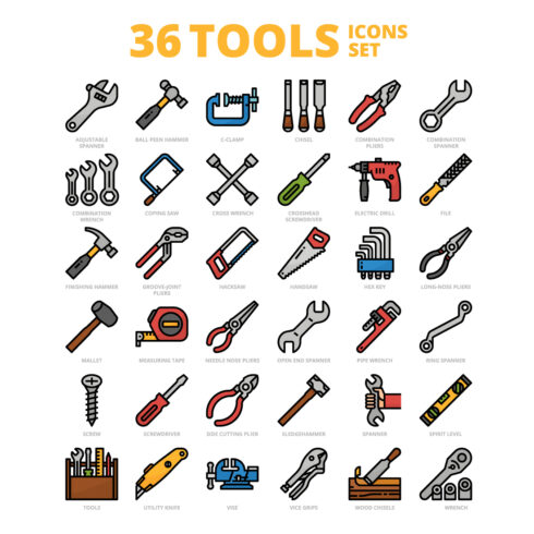 36 Tools Icons Set x 4 Styles cover image.