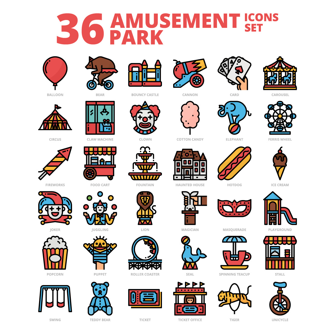 36 Amusement Park Icons Set x 4 Styles cover image.