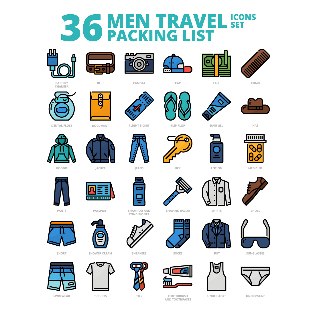 36 Men Travel Packing List Icons Set x 4 Styles cover image.