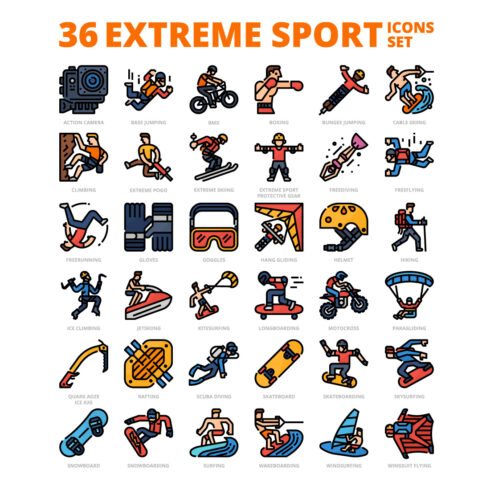 36 Extreme Sport Icons Set x 4 Styles cover image.