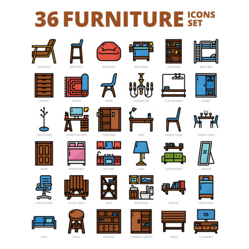 36 Furniture Icons Set x 4 Styles cover image.