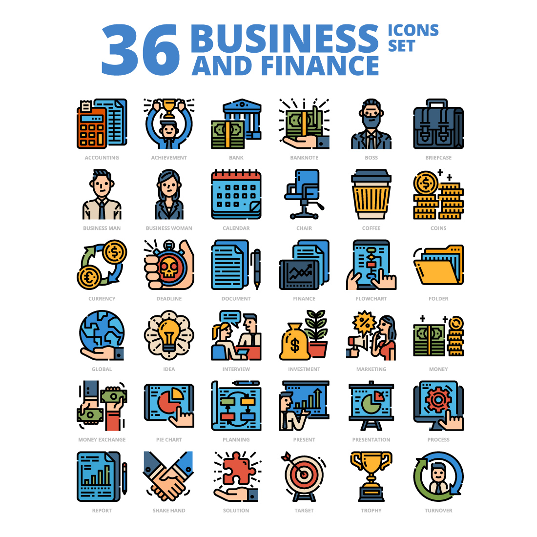 36 Business and Finance Icons Set x 4 Styles cover image.