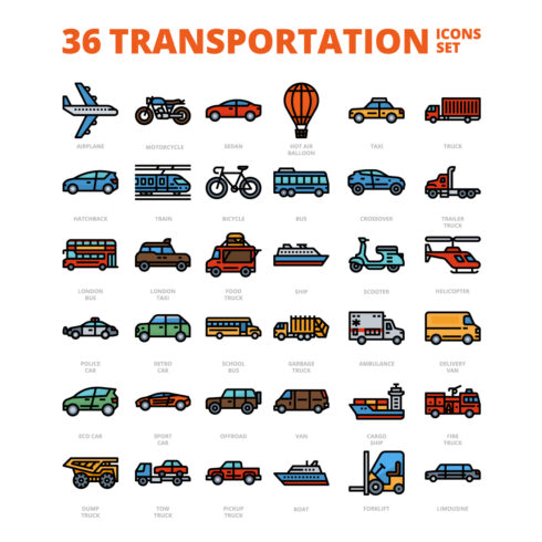 36 Transportation Icons Set x 4 Styles cover image.