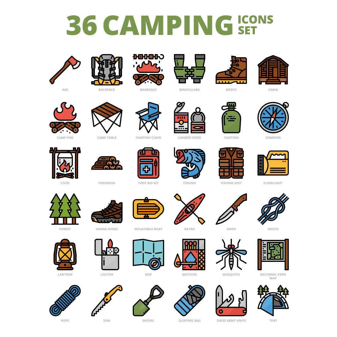 36 Camping Icons Set x 4 Styles cover image.