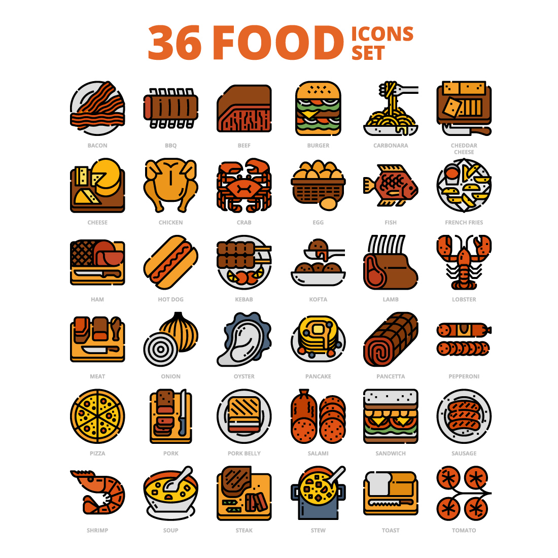 36 Foods Icons Set x 4 Styles cover image.