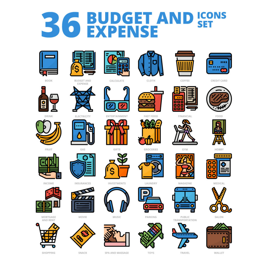 36 Budget and Expense Intelligence Icons Set x 4 Styles - MasterBundles