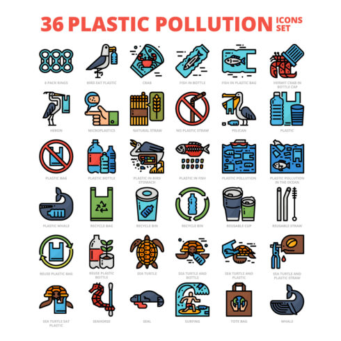 36 Plastic Pollution Icons Set x 4 Styles cover image.