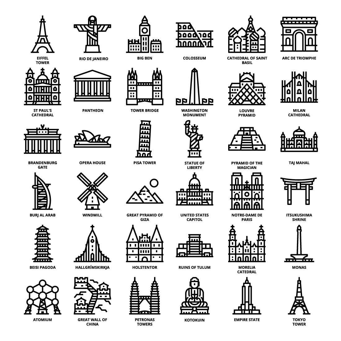 36 Landmarks Icons Set x 4 Styles pinterest preview image.
