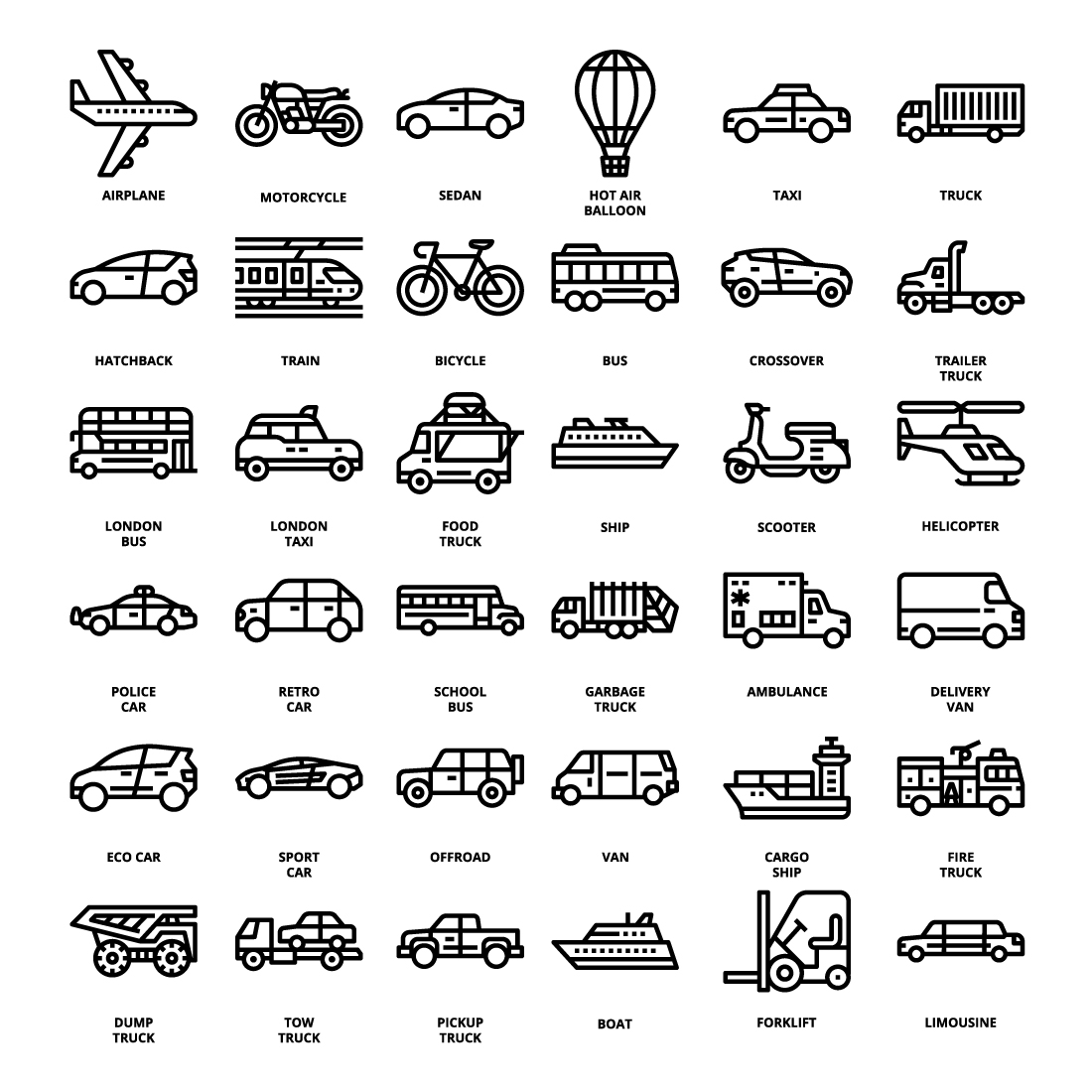 36 Transportation Icons Set x 4 Styles pinterest preview image.