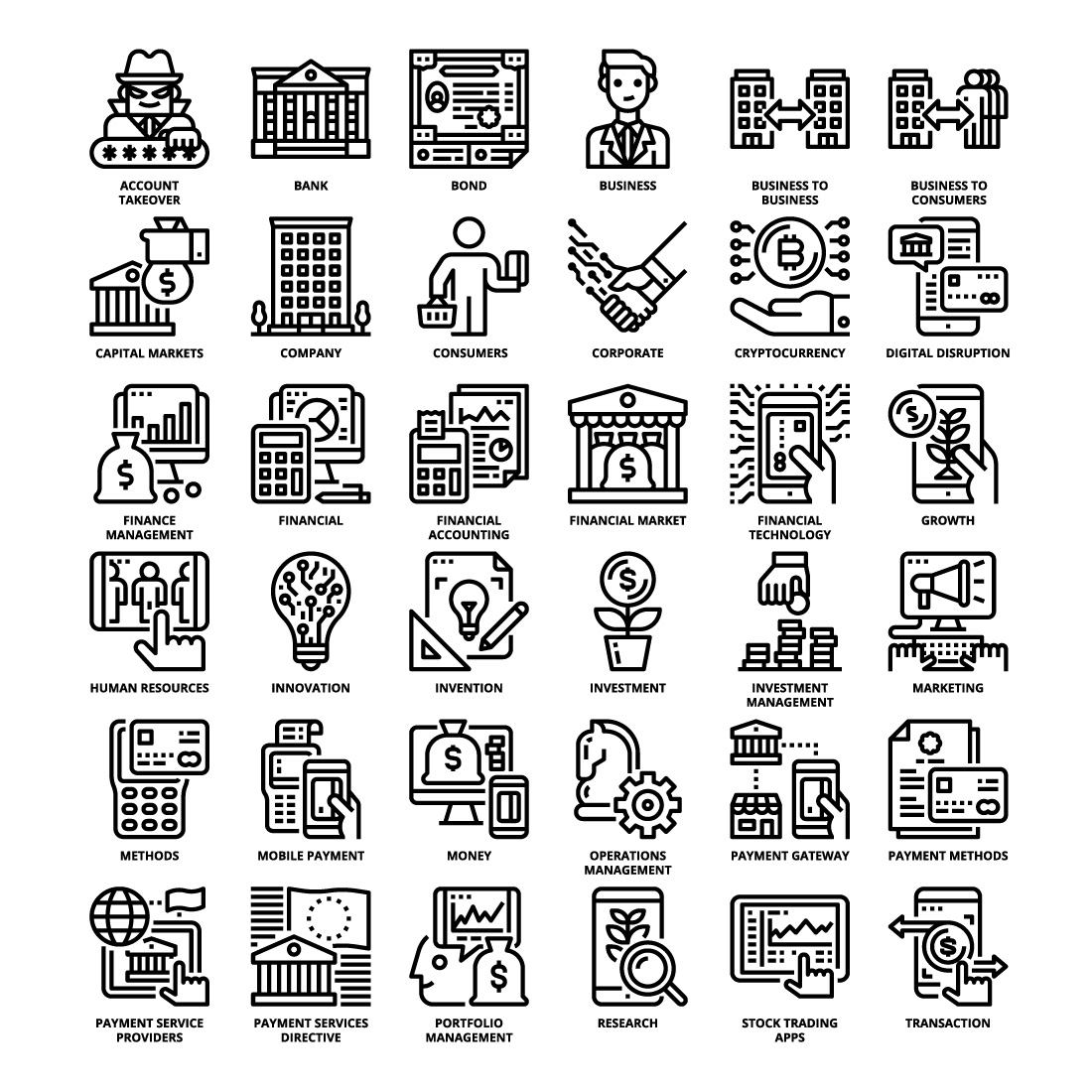 36 Fintech Icons Set x 4 Styles preview image.
