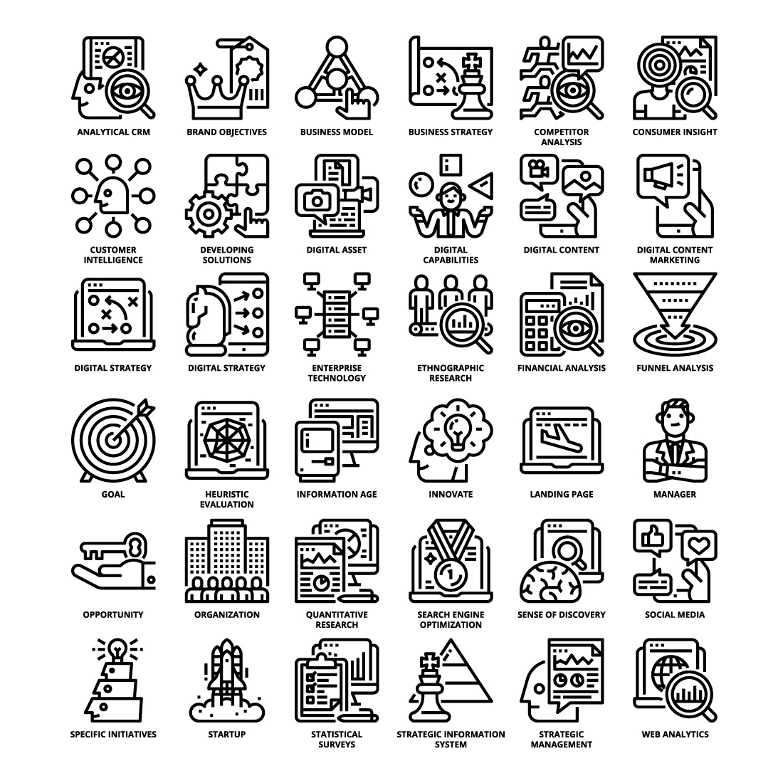 36 Digital Strategy Icons Set x 4 Styles pinterest preview image.