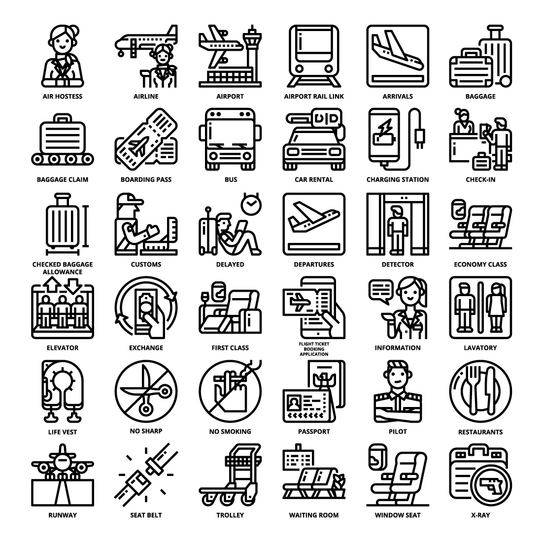 36 Airport Icons Set x 4 Styles pinterest preview image.