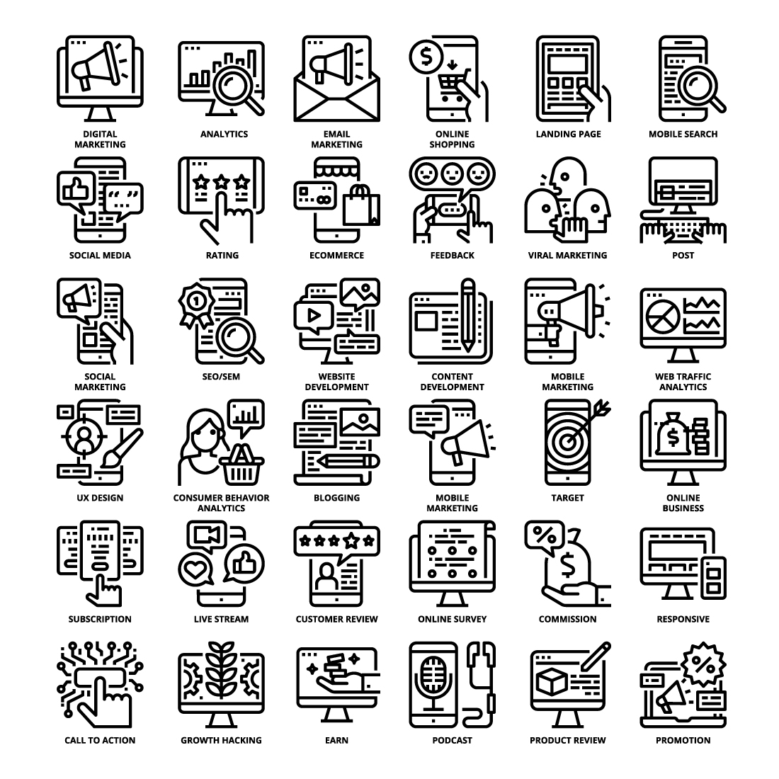 36 Digital Marketing Icons Set x 4 Styles preview image.