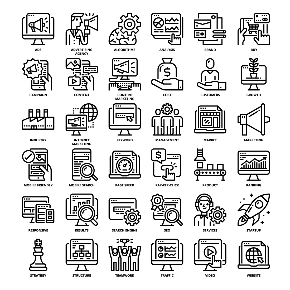 36 SEO Icons Set x 4 Styles pinterest preview image.