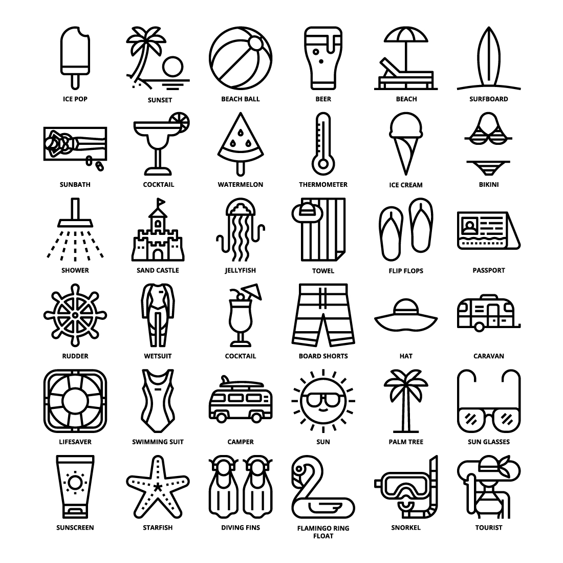 36 Summer Icons Set x 4 Styles preview image.