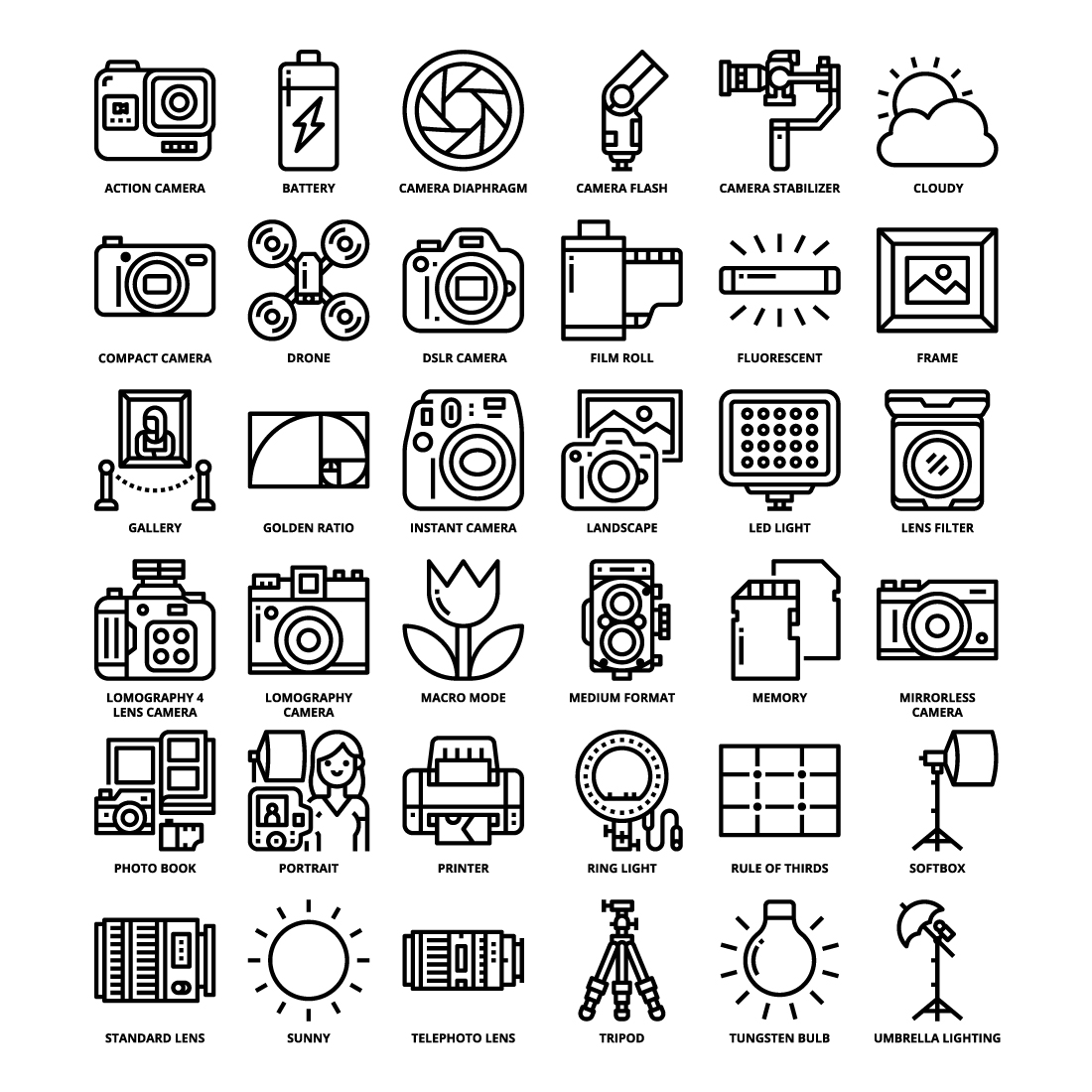 36 Photography Icons Set x 4 Styles pinterest preview image.