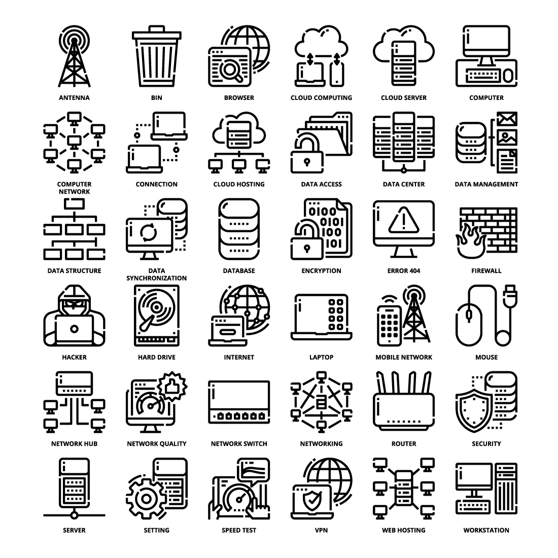 36 Computer Network Icons Set x 4 Styles preview image.