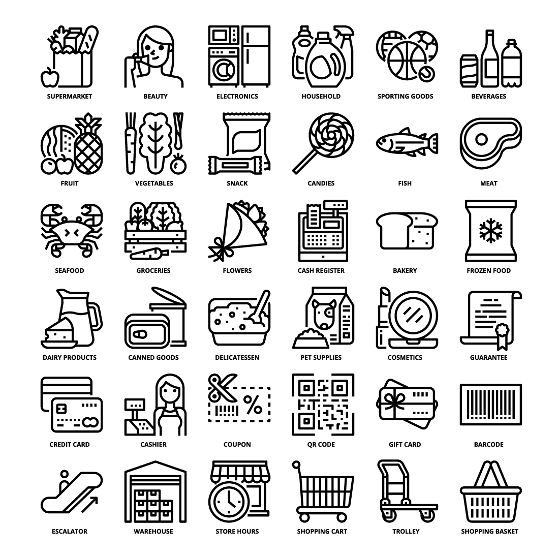 36 Supermarket Icons Set x 4 Styles preview image.