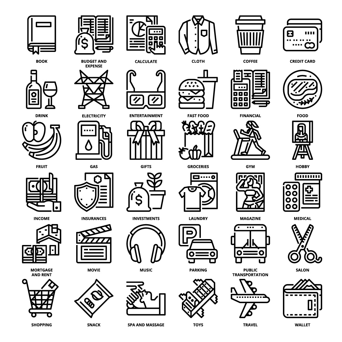 36 Budget and Expense Intelligence Icons Set x 4 Styles pinterest preview image.