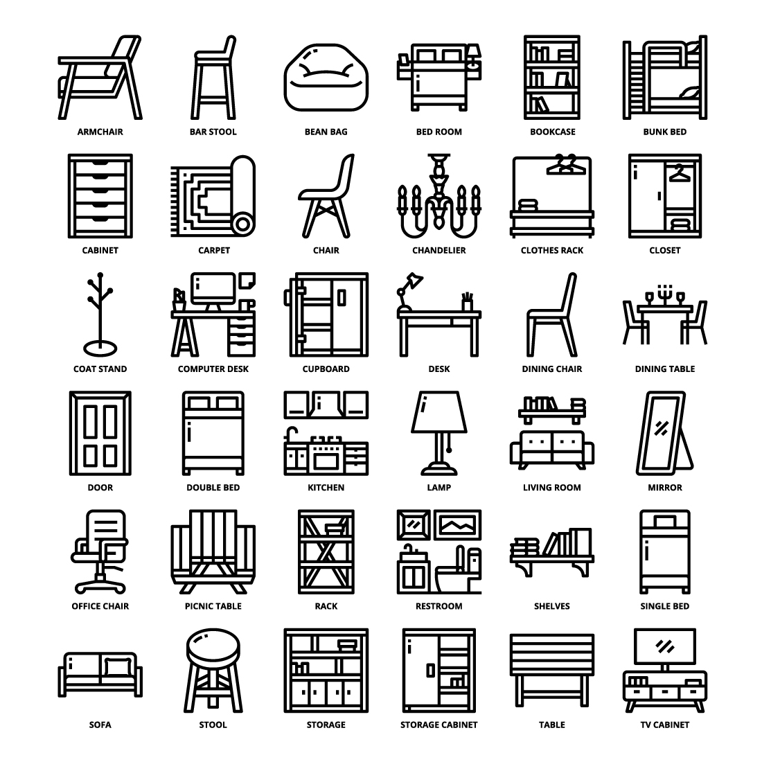 36 Furniture Icons Set x 4 Styles preview image.