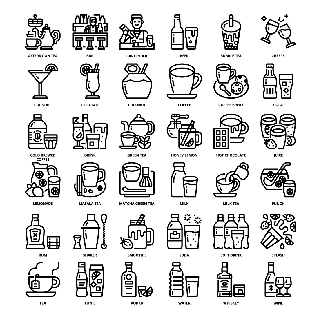 36 Drink Icons Set x 4 Styles pinterest preview image.