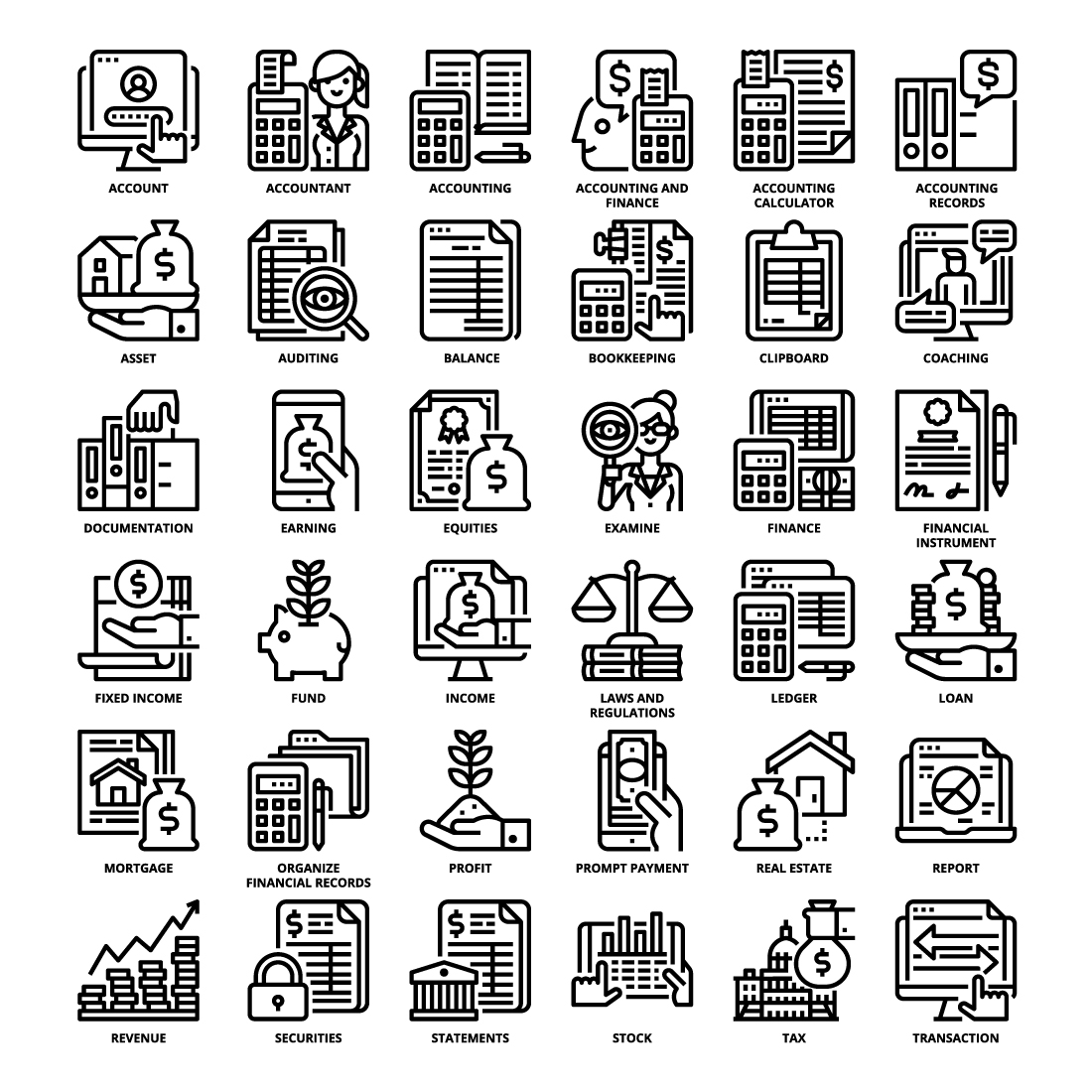 36 Accounting and Finance Icons Set x 4 Styles pinterest preview image.