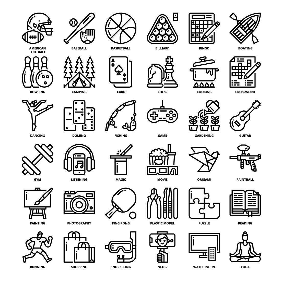 36 Hobby Icons Set x 4 Styles pinterest preview image.