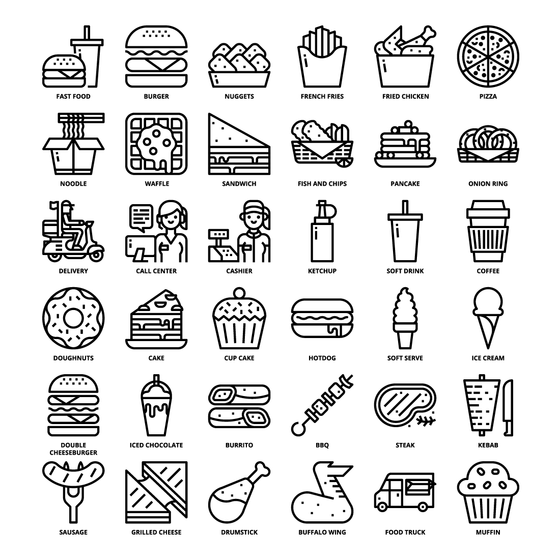 36 Fast Food Icons Set x 4 Styles pinterest preview image.