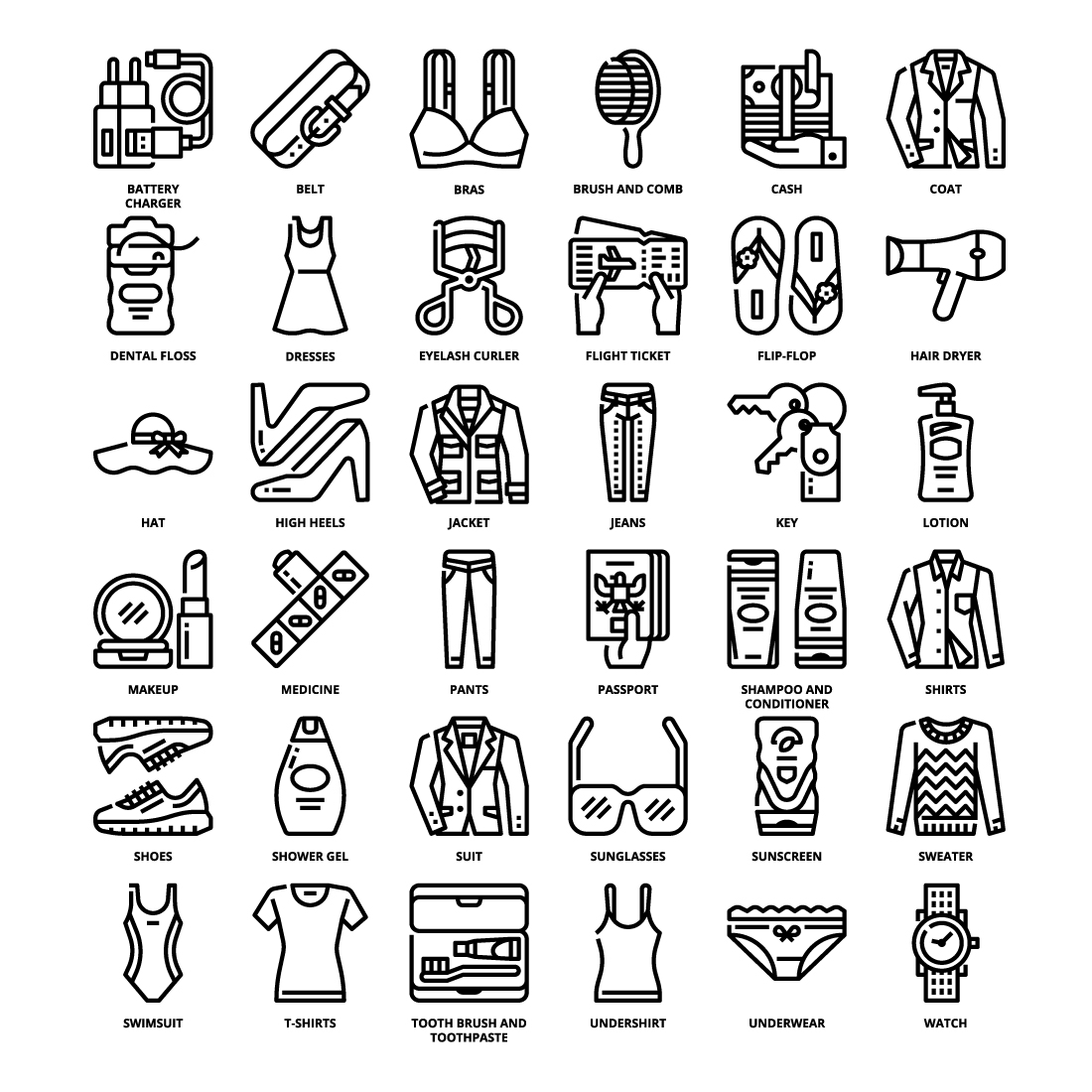 36 Women Travel Packing List Icons Set x 4 Styles preview image.