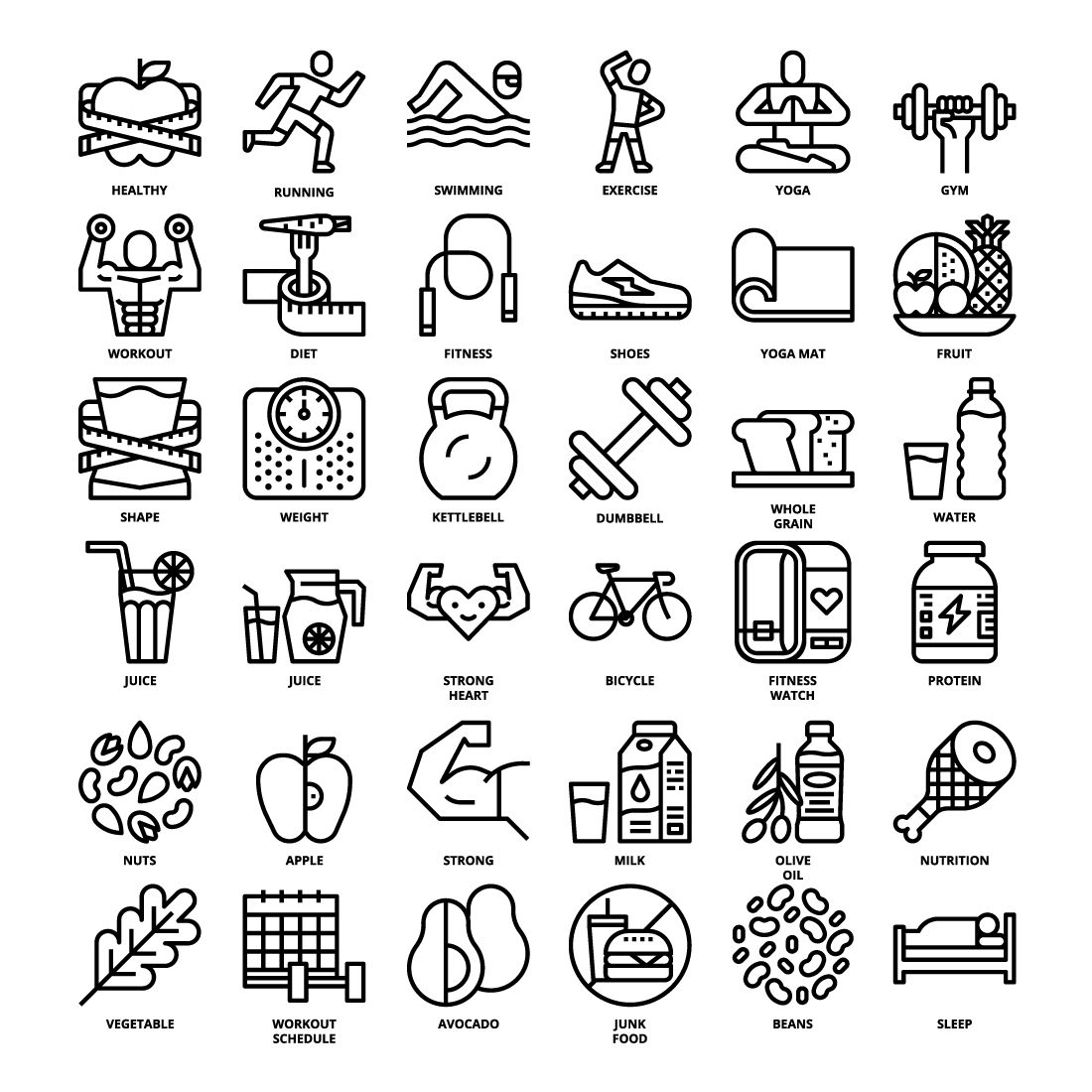 36 Healthy Icons Set x 4 Styles pinterest preview image.