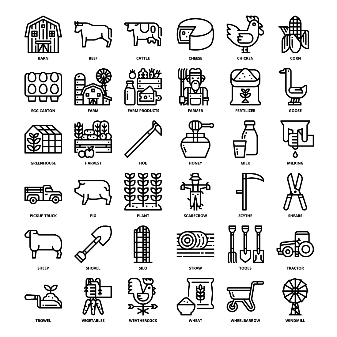 36 Farm Icons Set x 4 Styles pinterest preview image.