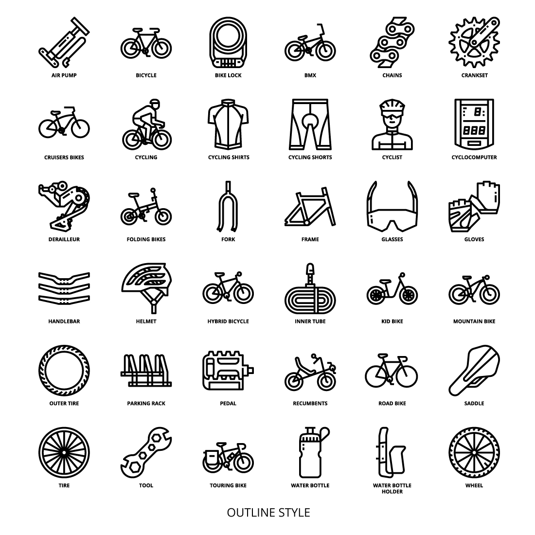 36 Bicycle Icons Set x 4 Styles preview image.