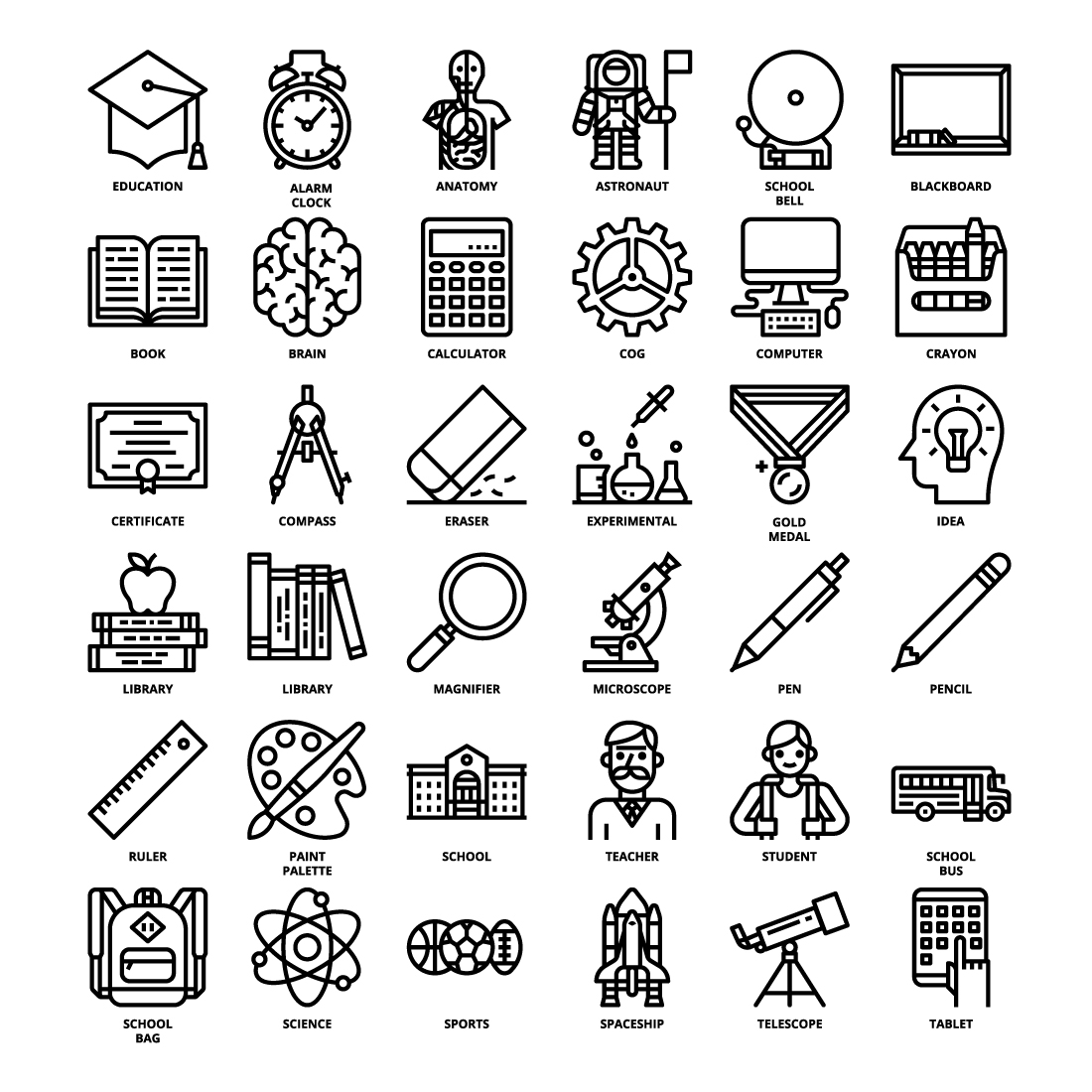 36 Education Icons Set x 4 Styles pinterest preview image.
